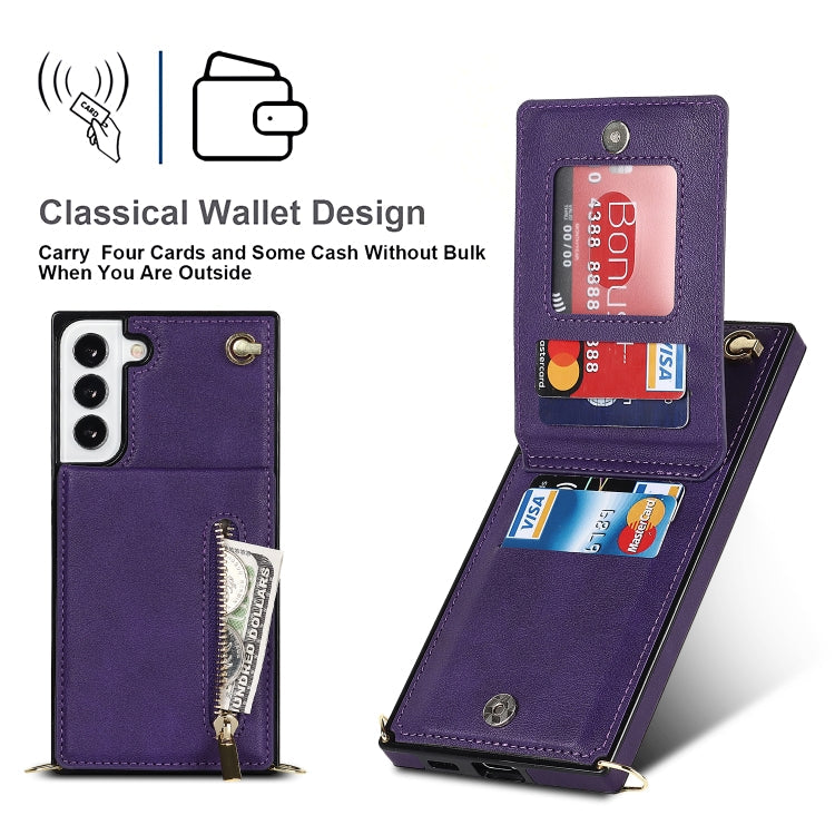 For Samsung Galaxy S21 FE 5G Cross-body Square Zipper Card Holder Bag Phone Case(Purple)