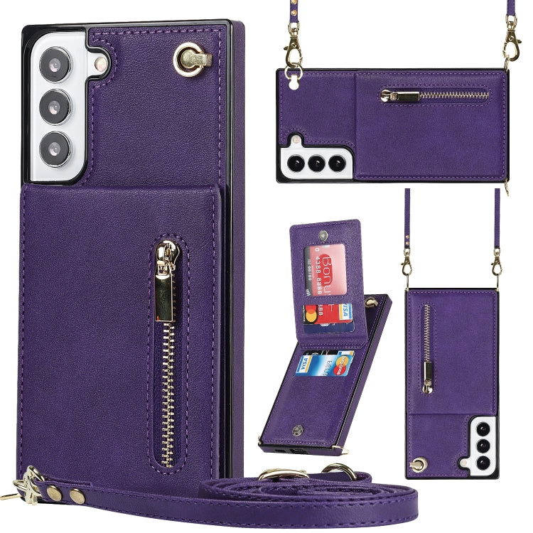 For Samsung Galaxy S21 FE 5G Cross-body Square Zipper Card Holder Bag Phone Case(Purple)