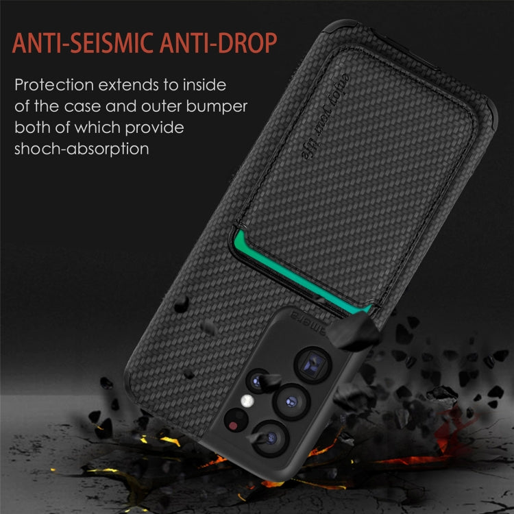 For Samsung Galaxy S21 Ultra 5G Carbon Fiber Leather Card Magsafe Phone Case(Black)