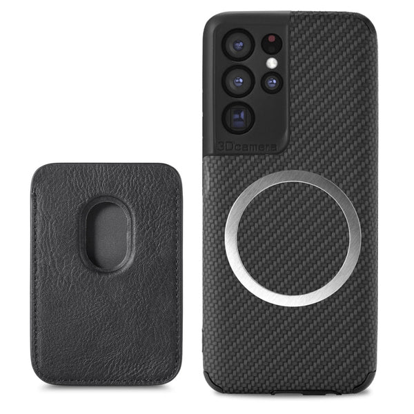 For Samsung Galaxy S21 Ultra 5G Carbon Fiber Leather Card Magsafe Phone Case(Black)