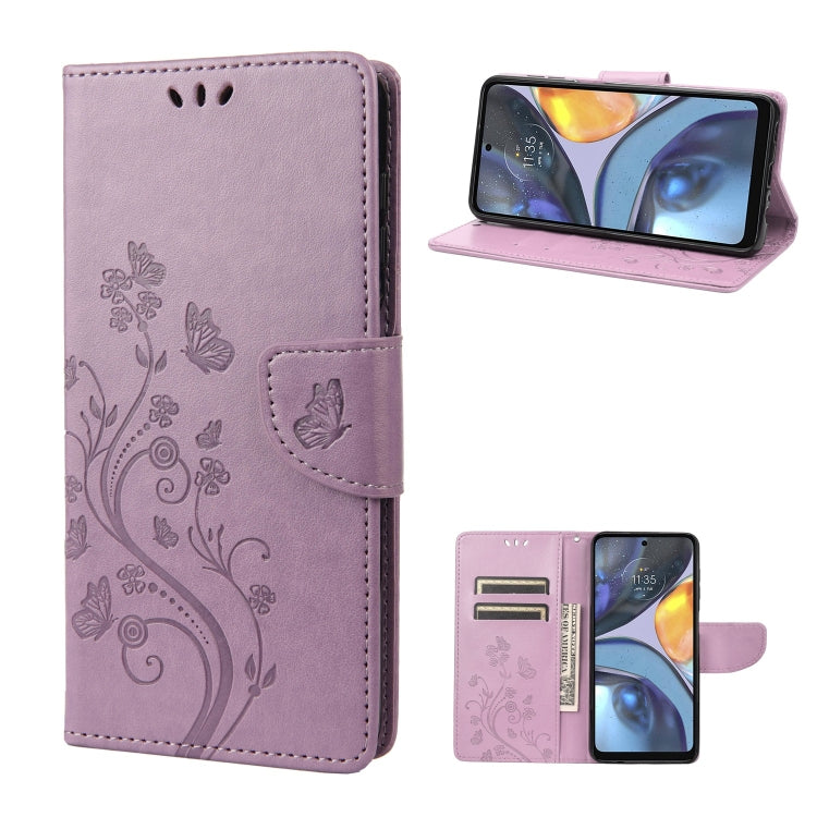 For Motorola Moto G22 Butterfly Flower Pattern Leather Phone Case(Light Purple)