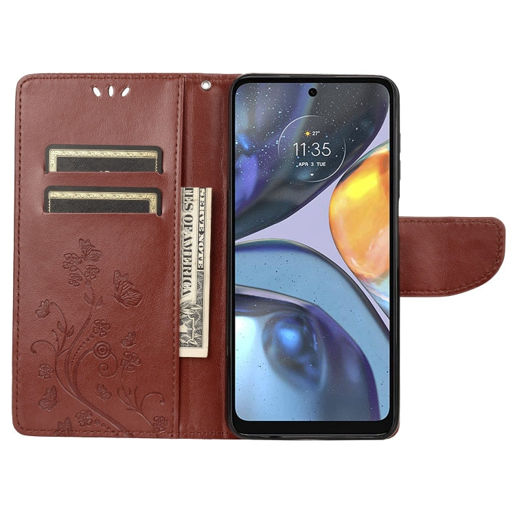 For Motorola Moto G22 Butterfly Flower Pattern Leather Phone Case(Brown)
