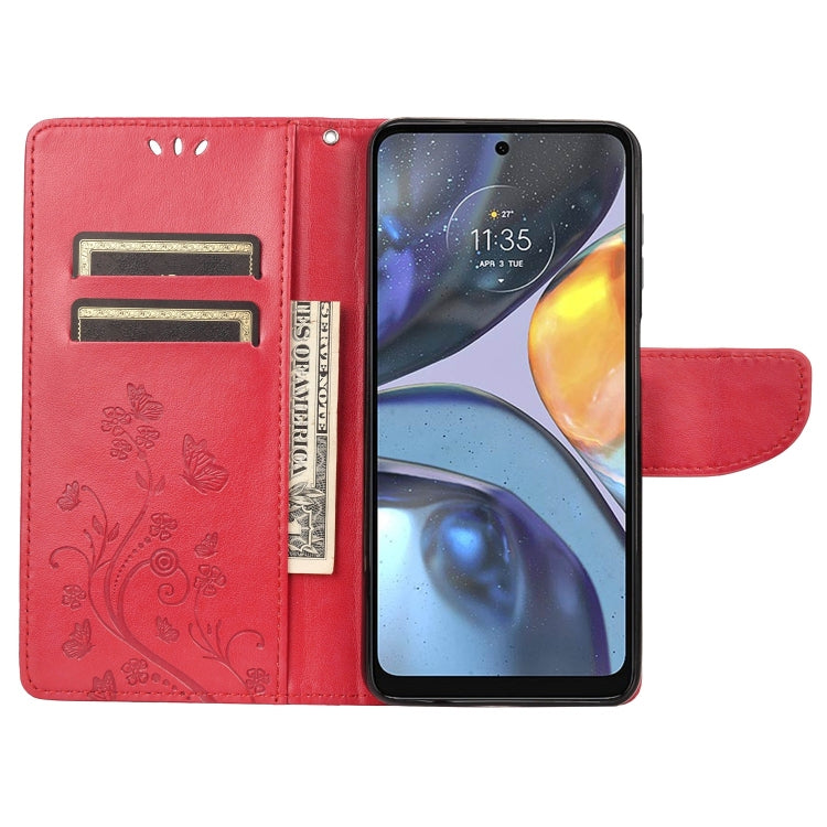 For Motorola Moto G22 Butterfly Flower Pattern Leather Phone Case(Red)