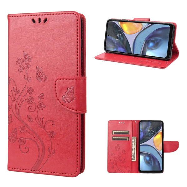 For Motorola Moto G22 Butterfly Flower Pattern Leather Phone Case(Red)