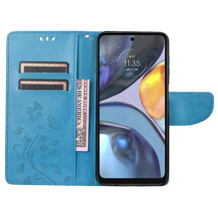 For Motorola Moto G22 Butterfly Flower Pattern Leather Phone Case(Blue)