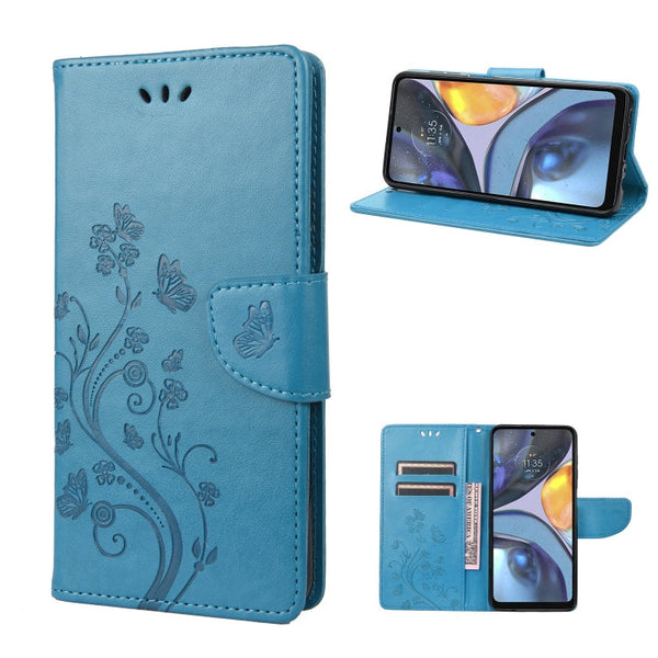 For Motorola Moto G22 Butterfly Flower Pattern Leather Phone Case(Blue)