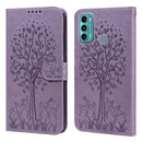 For Motorola Moto G60 Tree & Deer Pattern Pressed Printing Horizontal Flip Leather Phone Case(Purple)