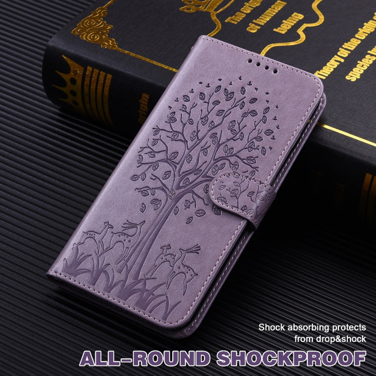 For Motorola Moto G60 Tree & Deer Pattern Pressed Printing Horizontal Flip Leather Phone Case(Purple)
