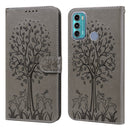 For Motorola Moto G60 Tree & Deer Pattern Pressed Printing Horizontal Flip Leather Phone Case(Grey)