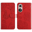 For Huawei P50 Pro Skin Feel Butterfly Peony Embossed Leather Phone Case(Red)