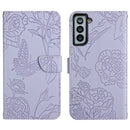 For Samsung Galaxy S21 FE 5G Skin Feel Butterfly Peony Embossed Leather Phone Case(Purple)