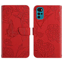 For Motorola Moto G22 Skin Feel Butterfly Peony Embossed Leather Phone Case(Red)