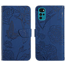 For Motorola Moto G22 Skin Feel Butterfly Peony Embossed Leather Phone Case(Blue)