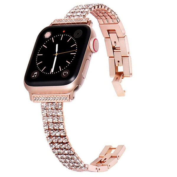 Four-row Diamond-set Metal Watch Band For Apple Watch Series 8&7 45mm / SE 2&6&SE&5&4 44mm / 3&2&1 42mm(Rose Gold)