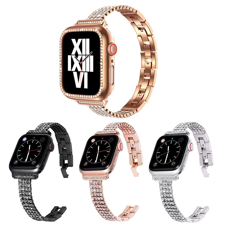 Four-row Diamond-set Metal Watch Band For Apple Watch Series 8&7 45mm / SE 2&6&SE&5&4 44mm / 3&2&1 42mm(Rose Gold)