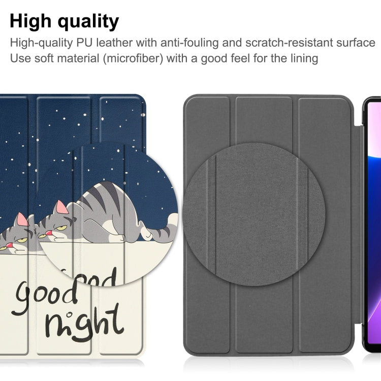 For Lenovo Tab M10 Plus 10.6 3rd Gen 2022 Custer Painted 3-Fold Holder Leather Tablet Case(Lazy Cat)