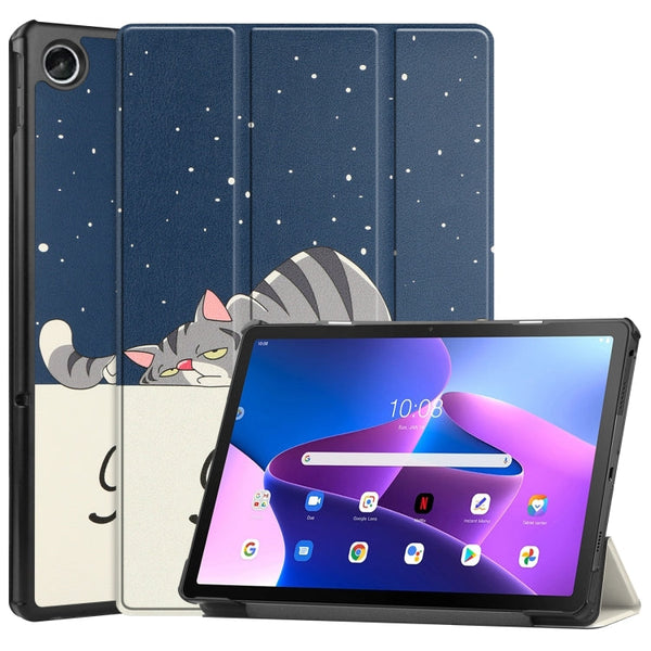 For Lenovo Tab M10 Plus 10.6 3rd Gen 2022 Custer Painted 3-Fold Holder Leather Tablet Case(Lazy Cat)