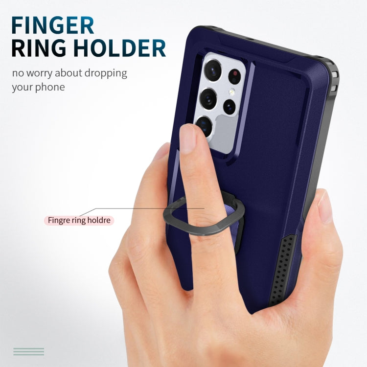 For Samsung Galaxy S22 Ultra 5G 3 in 1 Ring Holder PC + TPU Phone Case(Navy Blue)