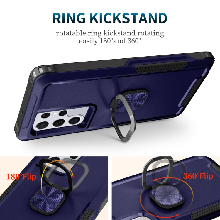 For Samsung Galaxy S22 Ultra 5G 3 in 1 Ring Holder PC + TPU Phone Case(Navy Blue)