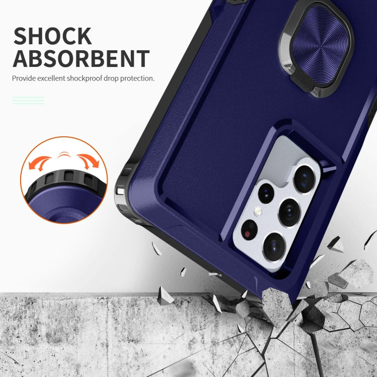 For Samsung Galaxy S22 Ultra 5G 3 in 1 Ring Holder PC + TPU Phone Case(Navy Blue)