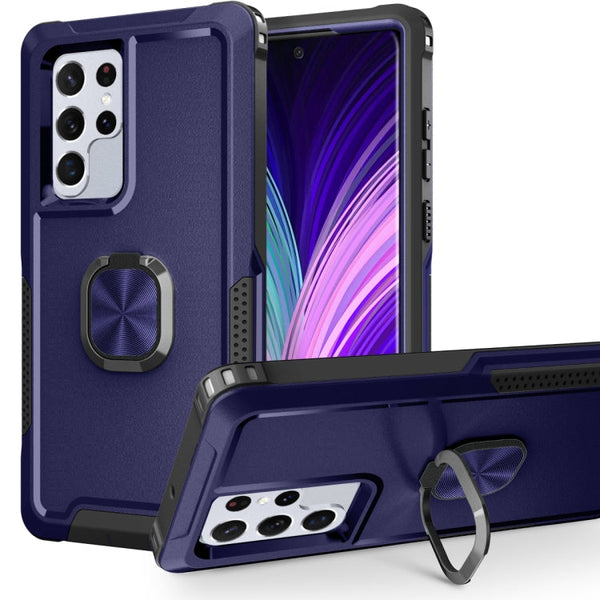 For Samsung Galaxy S22 Ultra 5G 3 in 1 Ring Holder PC + TPU Phone Case(Navy Blue)