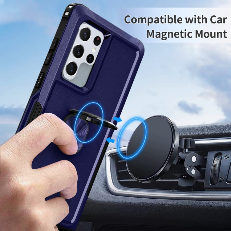 For Samsung Galaxy S22 Ultra 5G 3 in 1 Ring Holder PC + TPU Phone Case(Navy Blue)