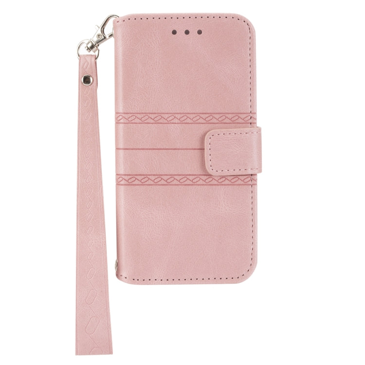 For Motorola Moto G22 Embossed Striped Magnetic Buckle Horizontal Flip Phone Leather Case(Pink)