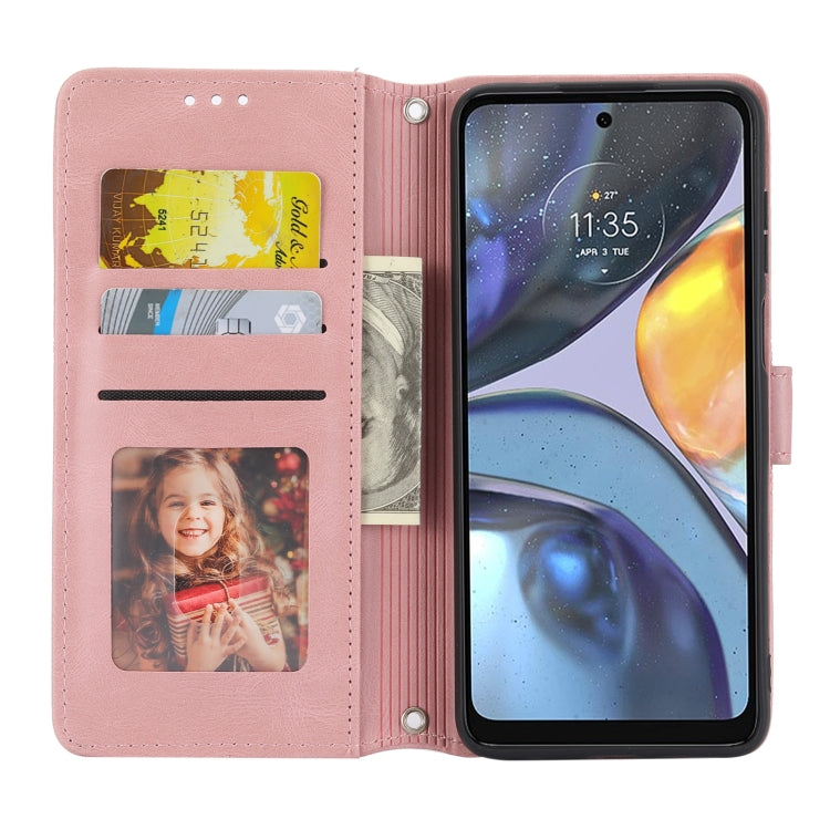 For Motorola Moto G22 Embossed Striped Magnetic Buckle Horizontal Flip Phone Leather Case(Pink)