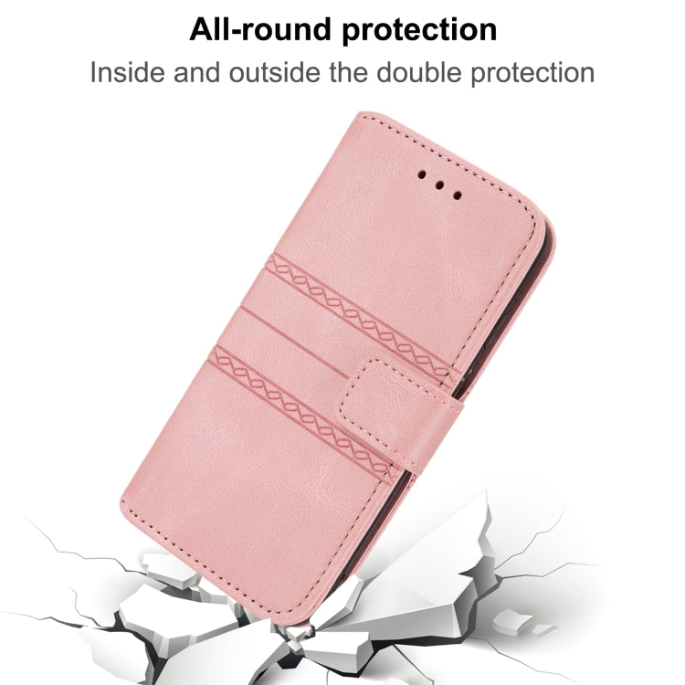 For Motorola Moto G22 Embossed Striped Magnetic Buckle Horizontal Flip Phone Leather Case(Pink)