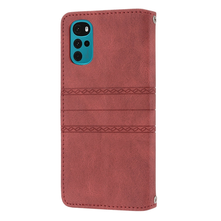 For Motorola Moto G22 Embossed Striped Magnetic Buckle Horizontal Flip Phone Leather Case(Red)