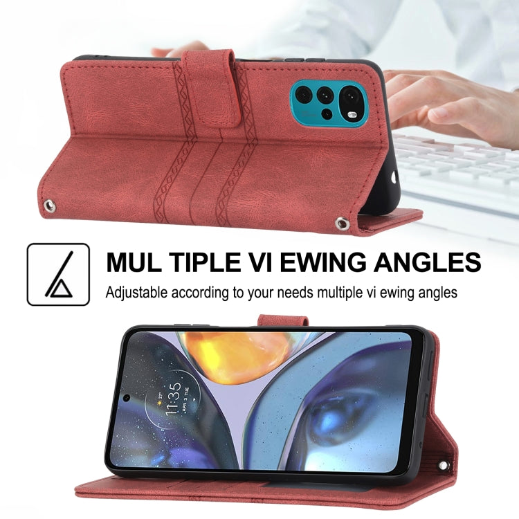 For Motorola Moto G22 Embossed Striped Magnetic Buckle Horizontal Flip Phone Leather Case(Red)