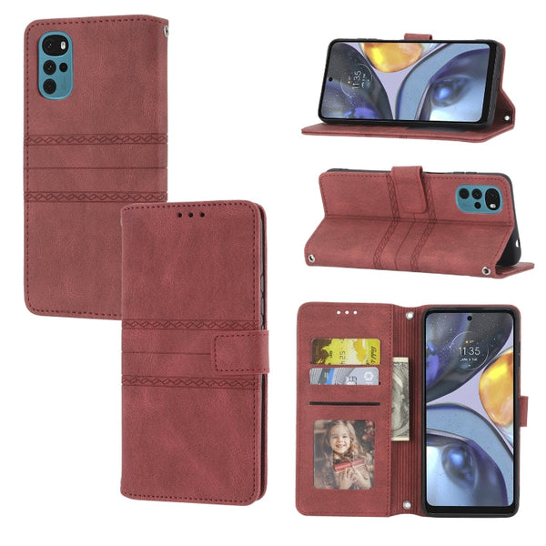 For Motorola Moto G22 Embossed Striped Magnetic Buckle Horizontal Flip Phone Leather Case(Red)