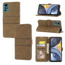 For Motorola Moto G22 Embossed Striped Magnetic Buckle Horizontal Flip Phone Leather Case(Brown)