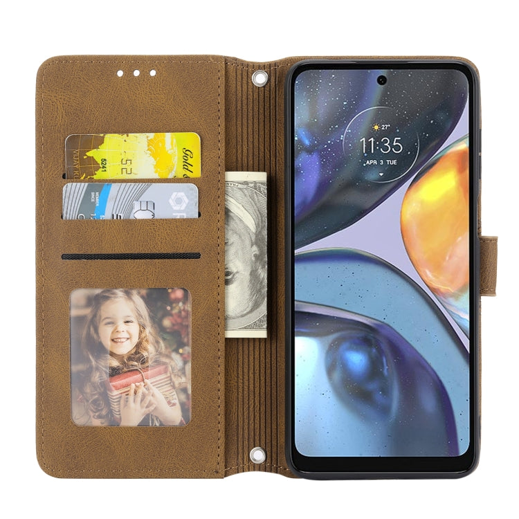 For Motorola Moto G22 Embossed Striped Magnetic Buckle Horizontal Flip Phone Leather Case(Brown)