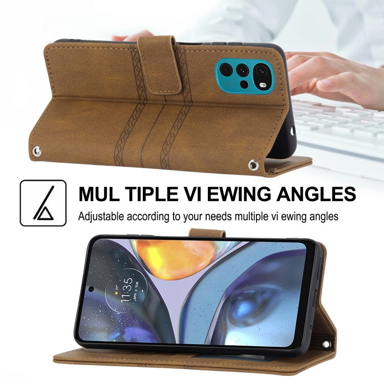 For Motorola Moto G22 Embossed Striped Magnetic Buckle Horizontal Flip Phone Leather Case(Brown)
