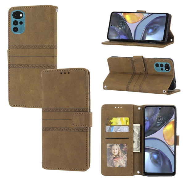 For Motorola Moto G22 Embossed Striped Magnetic Buckle Horizontal Flip Phone Leather Case(Brown)