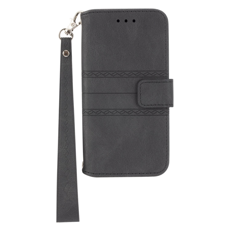For Motorola Moto G22 Embossed Striped Magnetic Buckle Horizontal Flip Phone Leather Case(Black)