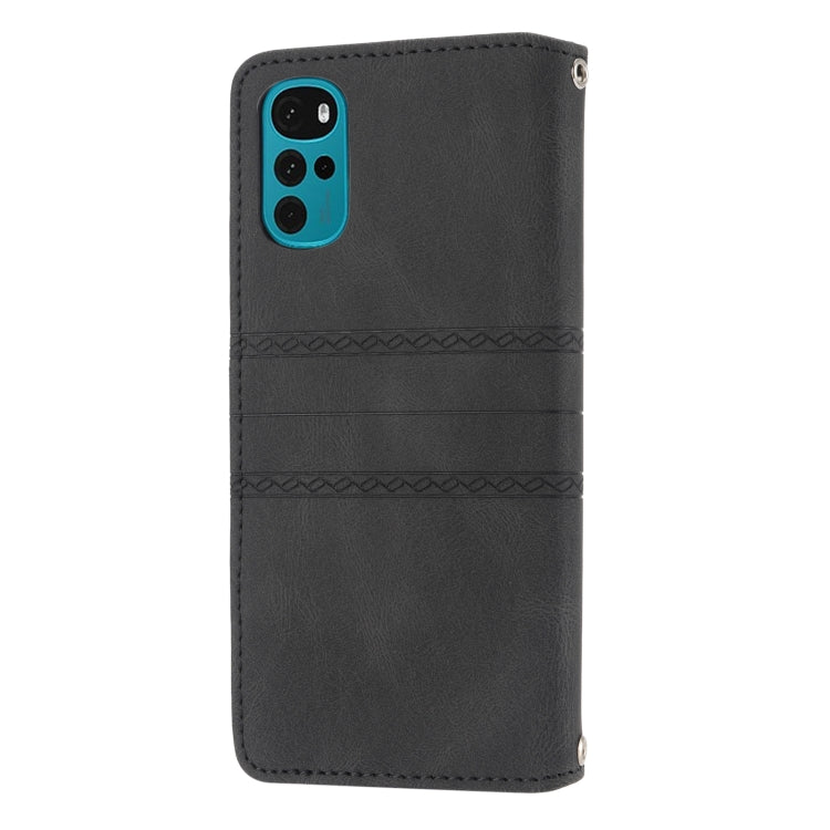 For Motorola Moto G22 Embossed Striped Magnetic Buckle Horizontal Flip Phone Leather Case(Black)