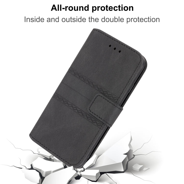 For Motorola Moto G22 Embossed Striped Magnetic Buckle Horizontal Flip Phone Leather Case(Black)