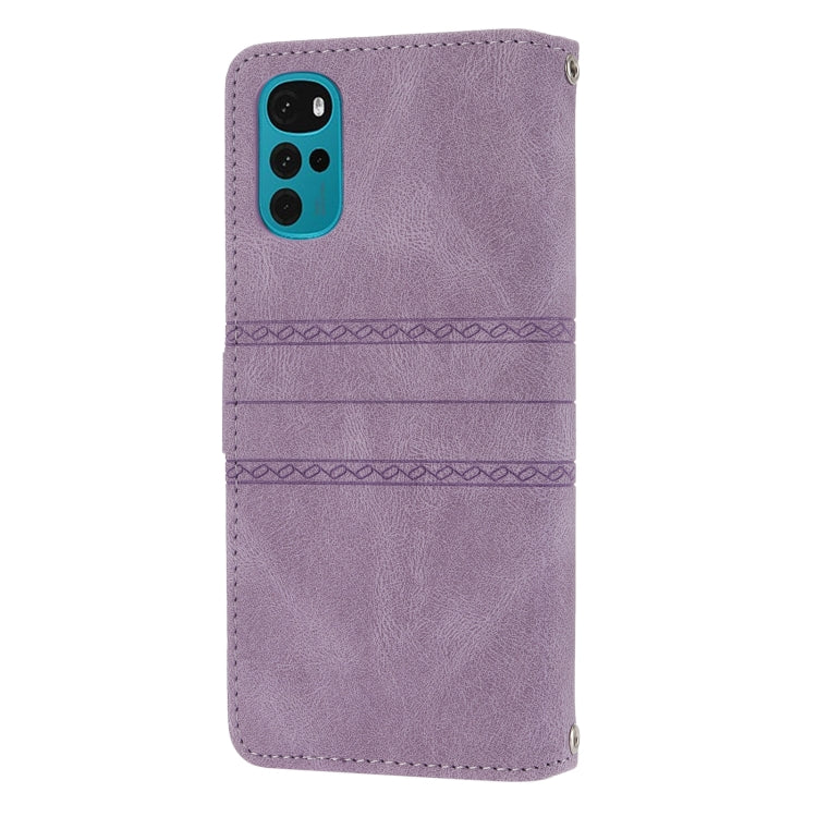For Motorola Moto G22 Embossed Striped Magnetic Buckle Horizontal Flip Phone Leather Case(Purple)