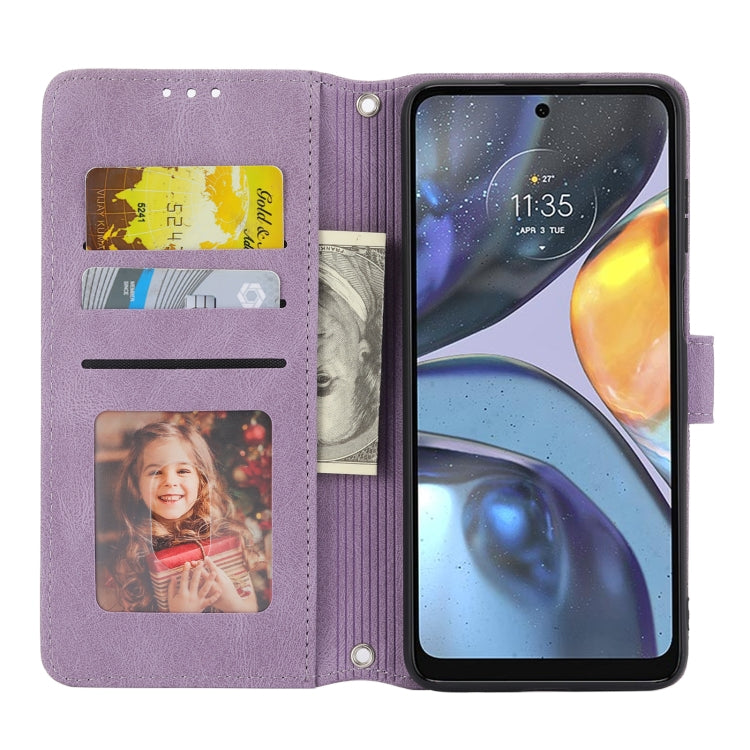 For Motorola Moto G22 Embossed Striped Magnetic Buckle Horizontal Flip Phone Leather Case(Purple)