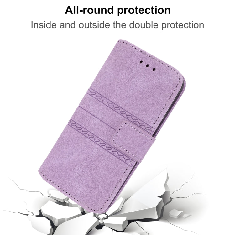 For Motorola Moto G22 Embossed Striped Magnetic Buckle Horizontal Flip Phone Leather Case(Purple)