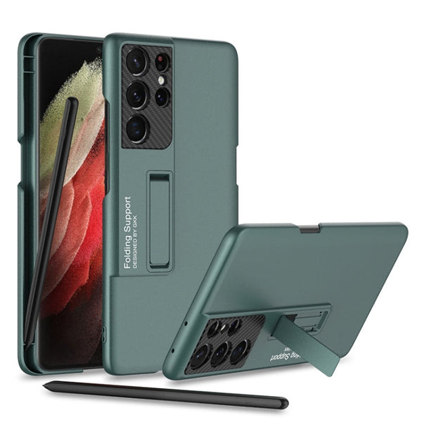 For Samsung Galaxy S21 Ultra 5G GKK Ultra-thin Shockproof Phone Case with Holder & Pen Slots & Stylus Pen(Forest Green)
