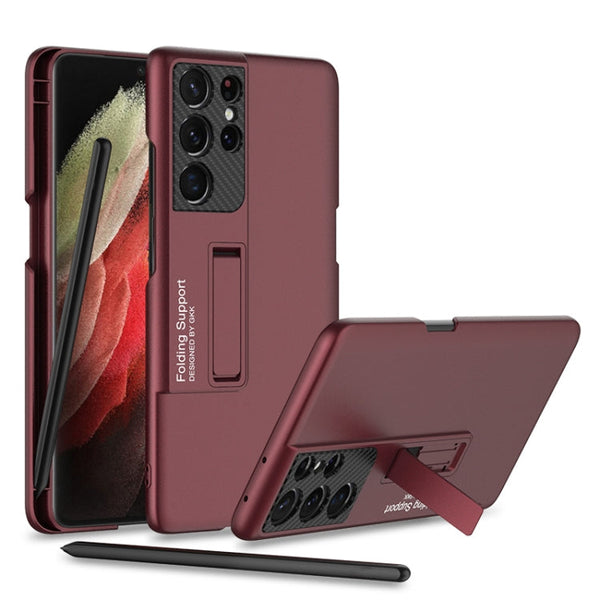 For Samsung Galaxy S21 Ultra 5G GKK Ultra-thin Shockproof Phone Case with Holder & Pen Slots & Stylus Pen(Red)
