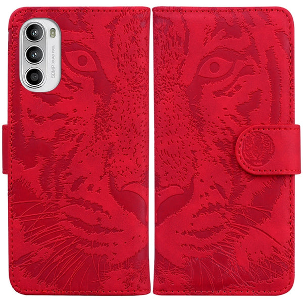 For Motorola Moto G52 Tiger Embossing Pattern Horizontal Flip Leather Phone Case(Red)