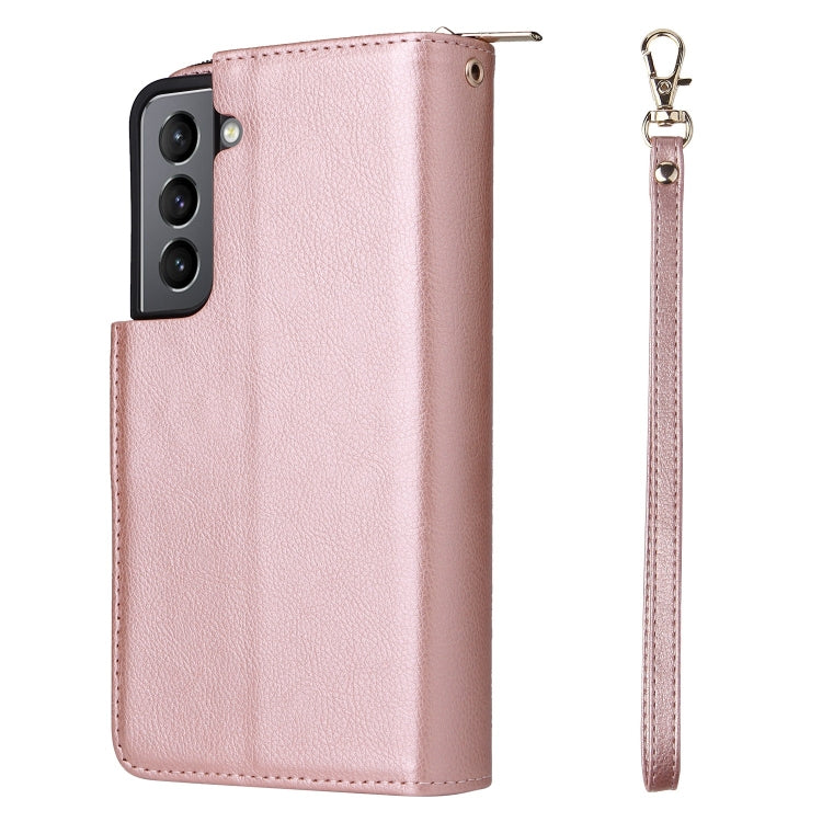 For Samsung Galaxy S22 5G 9 Card Slots Zipper Wallet Bag Leather Phone Case(Rose Gold)