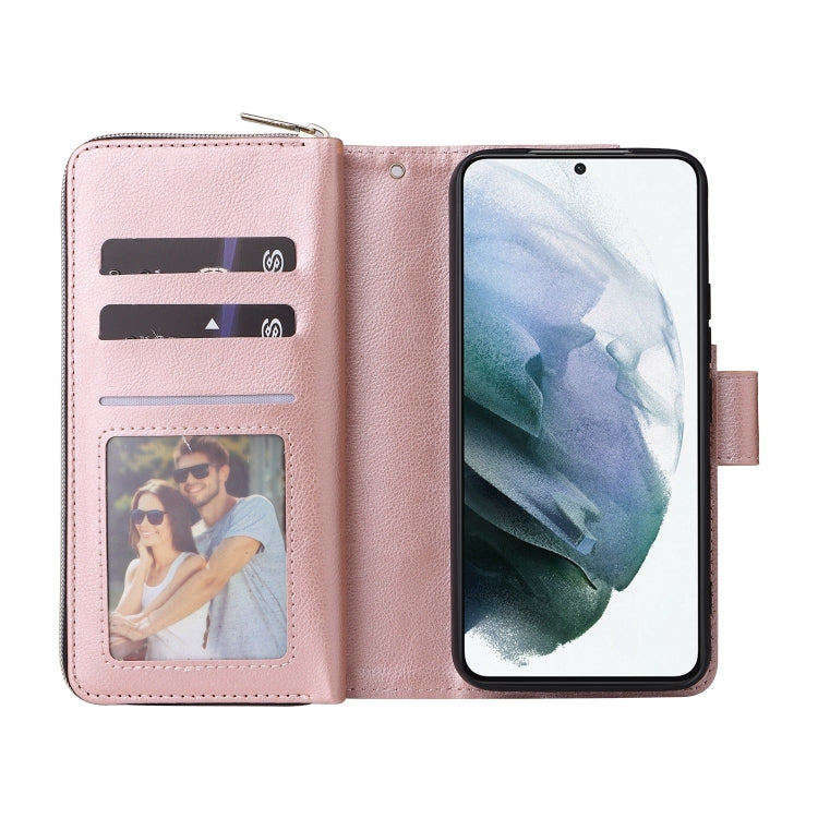 For Samsung Galaxy S22 5G 9 Card Slots Zipper Wallet Bag Leather Phone Case(Rose Gold)