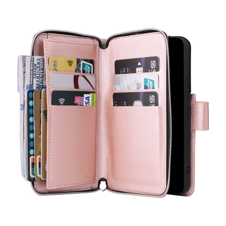 For Samsung Galaxy S22 5G 9 Card Slots Zipper Wallet Bag Leather Phone Case(Rose Gold)