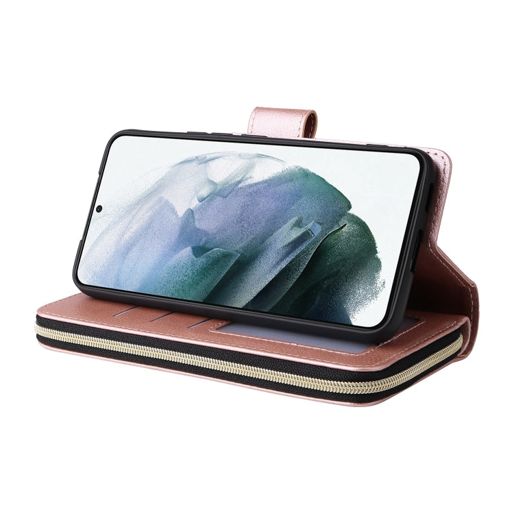 For Samsung Galaxy S22 5G 9 Card Slots Zipper Wallet Bag Leather Phone Case(Rose Gold)