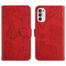 For Motorola Moto G52 Skin Feel Butterfly Peony Embossed Leather Phone Case(Red)